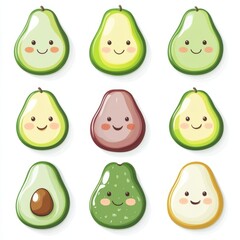 Whimsical avocado characters in different expressions - digital art studio close-up