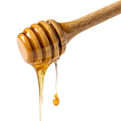 Honey dripping on wooden dripper isolated on transparent background