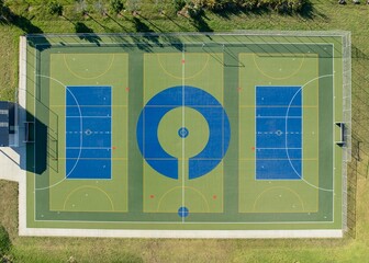 High angle view of multi-sport court. Well-marked playing fields for various sports. Perfect for...