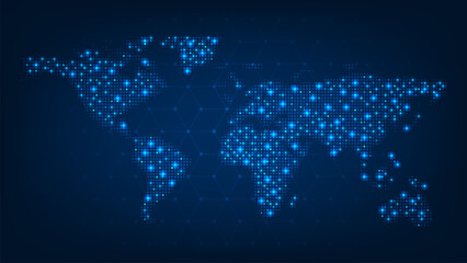Futuristic big Data. Digital world map. Cyber network data transmission concept.