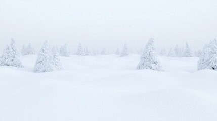 Snow-covered trees in winter landscape, misty background, ideal for winter themed designs