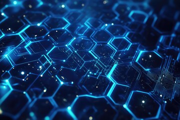 A futuristic technology banner with interconnected hexagons and a cyber theme.