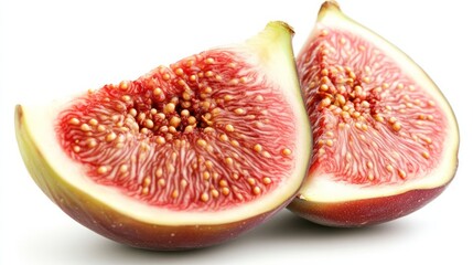 A single slice of fig, soft pink pulp and seeds exposed, isolated on a pristine white surface 