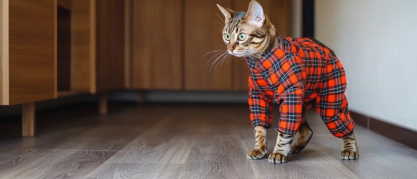 Bengal cat in red plaid pajamas on wood floor