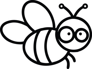 Cute cartoon bee, black and white line drawing, simple design, big round eyes, smiling expression, striped body, small wings, antenna, minimalist style, vector graphic, children's book illustration, c
