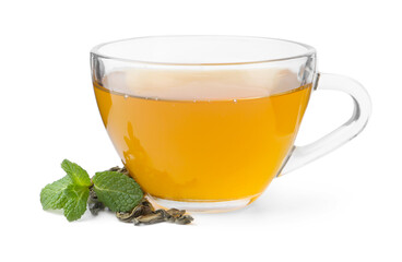 Aromatic mint tea, fresh and dried leaves isolated on white