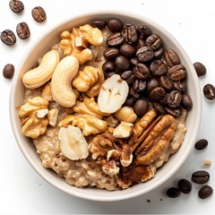 Obraz premium A Bowl of Oatmeal Topped with Walnuts and Roasted Coffee Beans, Surrounded by Scattered Coffee Beans and Grains, on a Light Background, Creating a Wholesome and Aromatic Breakfast Composition.