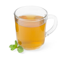 Aromatic mint tea and fresh leaves isolated on white