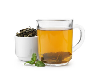 Aromatic mint tea, fresh and dried leaves isolated on white