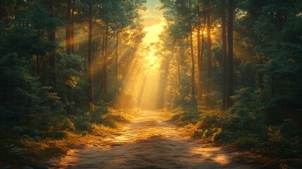 Obraz premium Sunbeams Forest Path Sunrise
