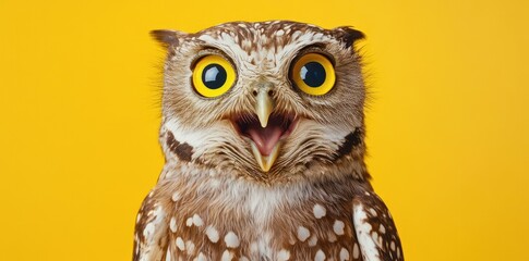 Fototapeta premium Surprised owl, yellow background, wildlife, nature
