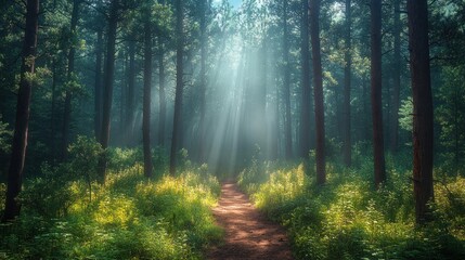 Obraz premium Sunbeams Path in Misty Forest