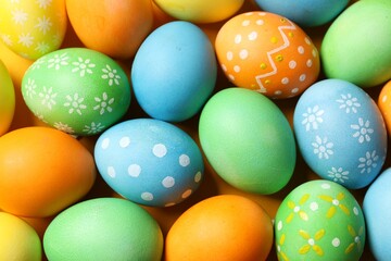 Beautiful decorated Easter eggs on orange background, flat lay