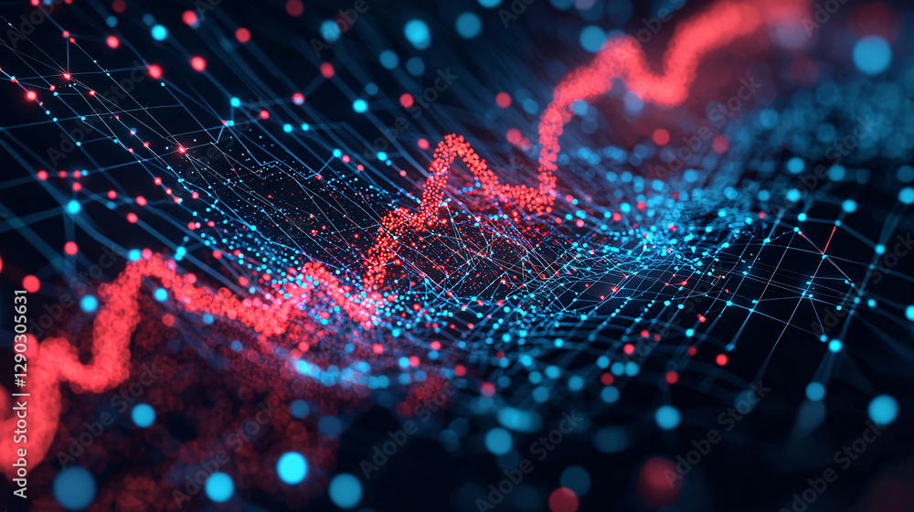 Poster abstract digital data visualization with red and blue colors.
