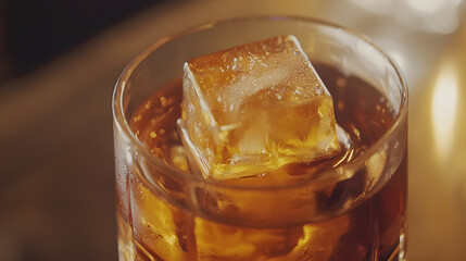 Macro Close-Up Shot Capturing the Moment of Ice Cube in a Glass of Refreshing Beverage