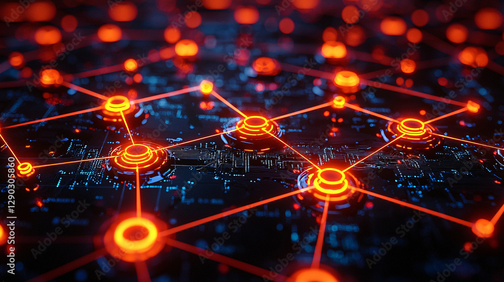 Poster abstract network with glowing nodes and connections in dark background.