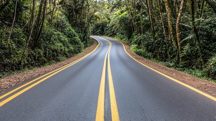 Winding Asphalt Road Through Lush Green Tropical Forest
