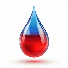 Fototapeta premium Glossy red and blue water droplet hanging on white background, representing freshness and purity in liquid form