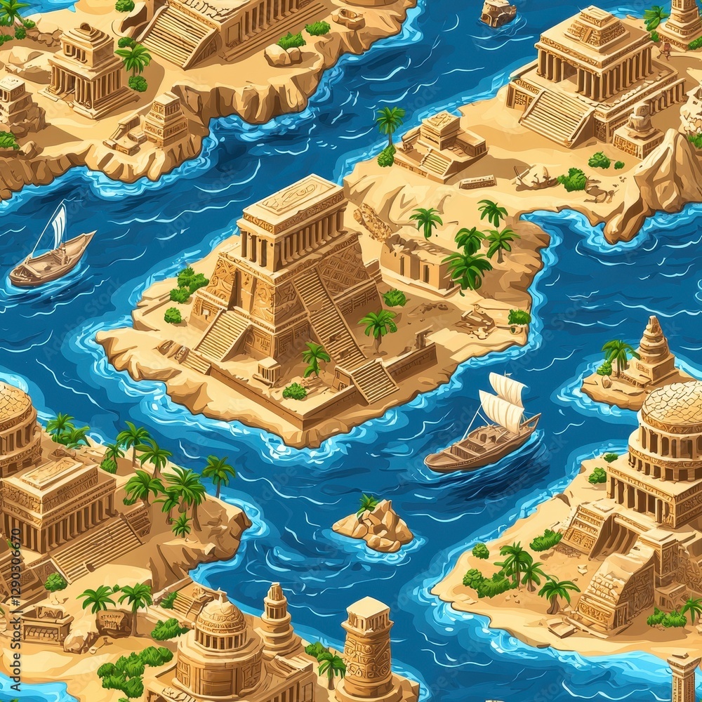 Poster seamless pattern depicting ancient ruins and ships creating a historical narrative in a beautifully 
