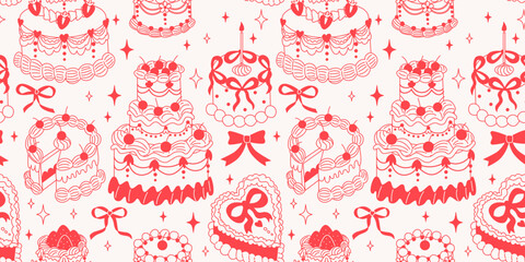 Cute retro lambeth cakes seamless pattern with cherries and strawberries in coquette style.Hand drawn nostalgic dessert vector illustration. Funny birthday background, poster, social media banner.