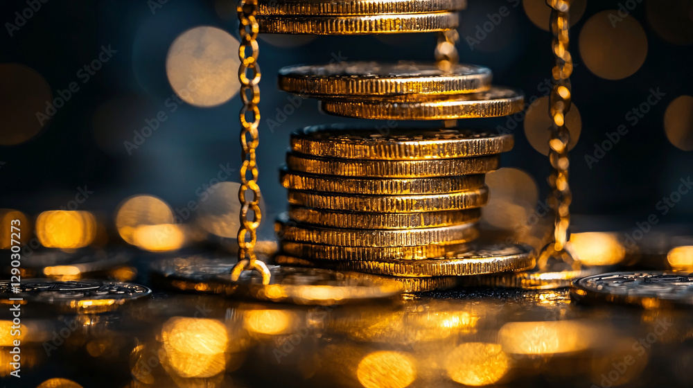Poster golden coins stacked with shimmering bokeh in the background.
