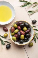 Bowl of assorted olives with olive oil and olive branches on tiled surface