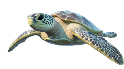 A cute green sea turtle with a patterned shell, slowly swimming in the water, isolated on a transparent background. The turtle has a gentle expression, 