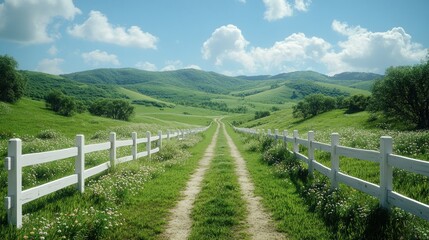 Fototapeta premium Sunny Country Road Through Green Meadows