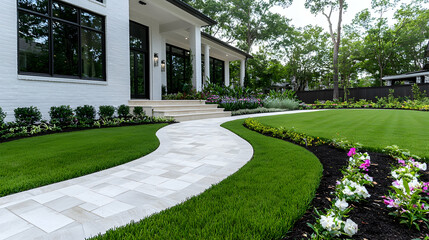 Fototapeta premium Modern home, landscaped walkway, green lawn, garden