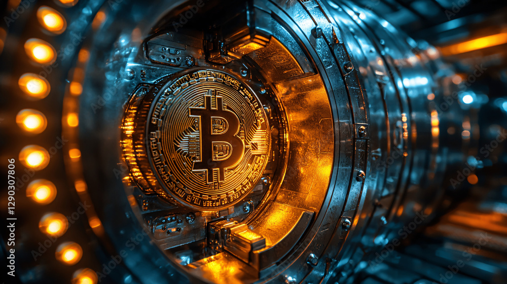Aufkleber cryptocurrency with glowing bitcoin symbol in a futuristic setting.