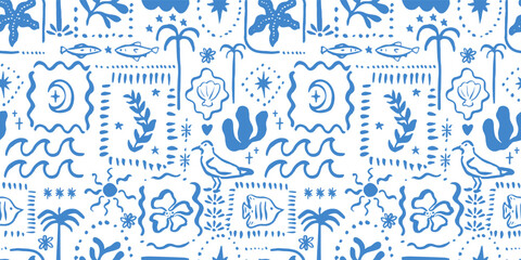 Seamless pattern with freehand ink doodle abstract flowers, palm trees and fish. Trendy tropical background. Hand drawn vector illustration. Boho, beach, jungle wallpaper.