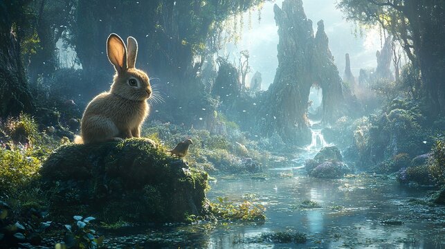 Bunny sits on mossy rock with bird in magical forest