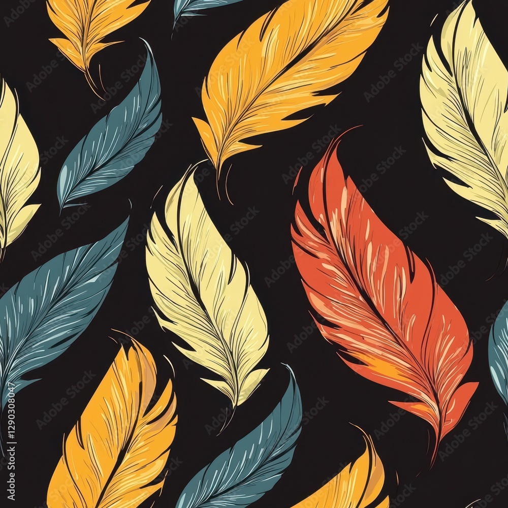 Poster beautiful and bright pattern featuring colorful feathers with intricate designs for artistic and cre