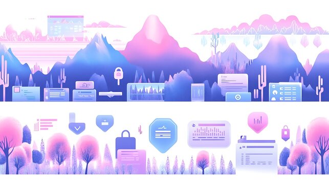 Digital landscape, nature, tech icons, business, tranquil