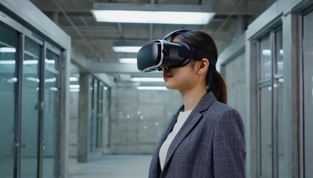 Businesswoman VR experience in modern hallway