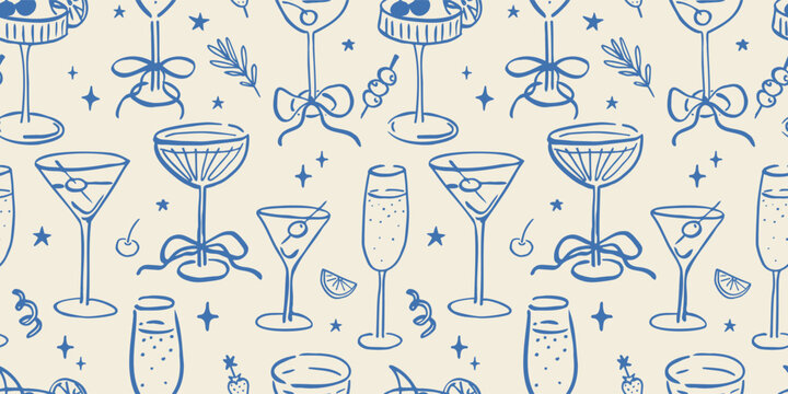 Seamless pattern with various alcohol drinks. Hand drawn ink vector illustration. Elements for poster, social media, banners, invitation. Trendy coquette core template.  