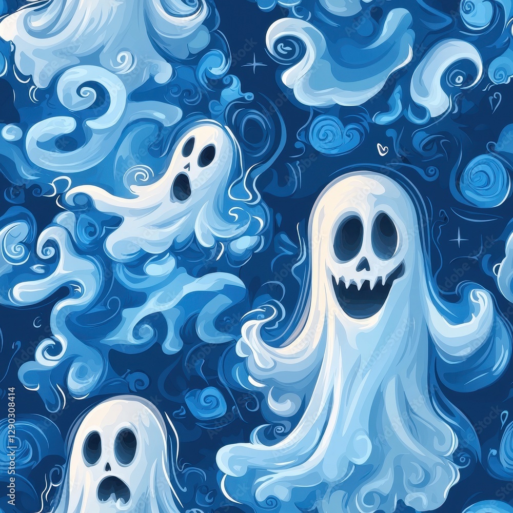 Poster seamless pattern featuring playful ghosts in various poses creating a fun and whimsical halloween th