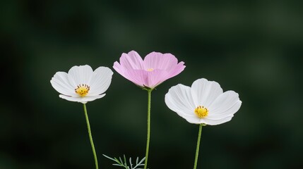 Three Cosmos Flowers Against Dark Background. Possible Use Stock photo for nature, botany, or floral design
