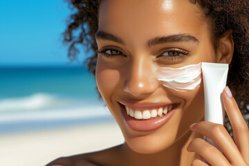 Close-up photo of a beautiful woman smiling and applying cream to her face on the beach, holding a tube of sunscreen in her hand.