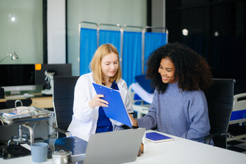 Professional healthcare scene featuring a doctor performing a patient checkup in a clinical setting
