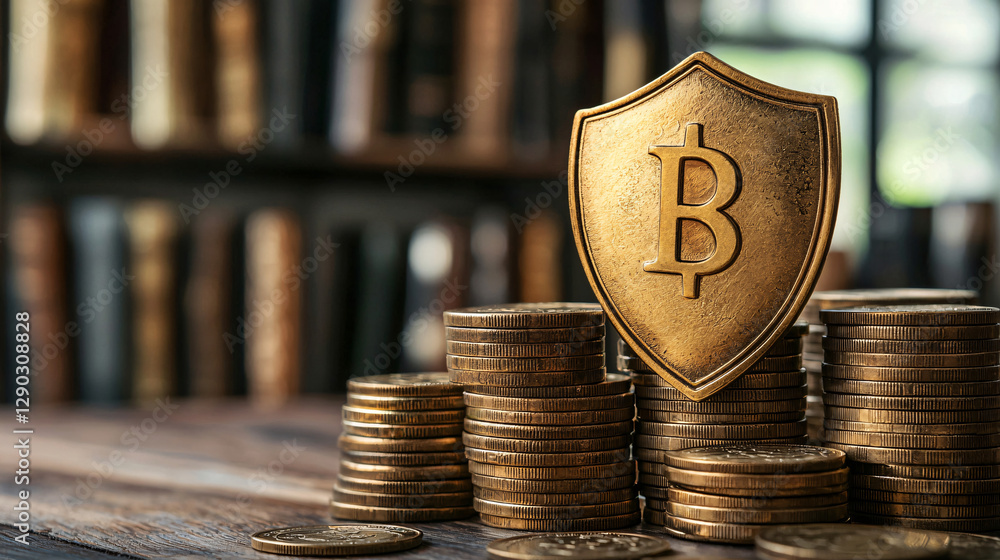 Poster golden bitcoin shield on stacks of coins in a library setting.