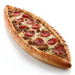 Turkish pide with flavorful sucuk sausage, minced meat, and a golden crust. A deliciously spiced, boat-shaped flatbread for savory enjoyment.