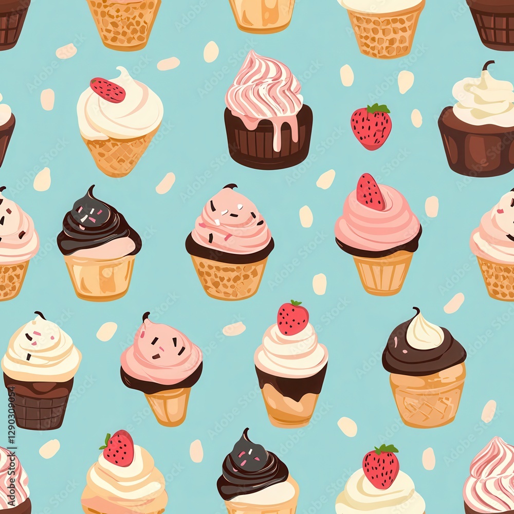 Poster cute and colorful pattern of delicious cupcakes with frosting and toppings on a bright background se