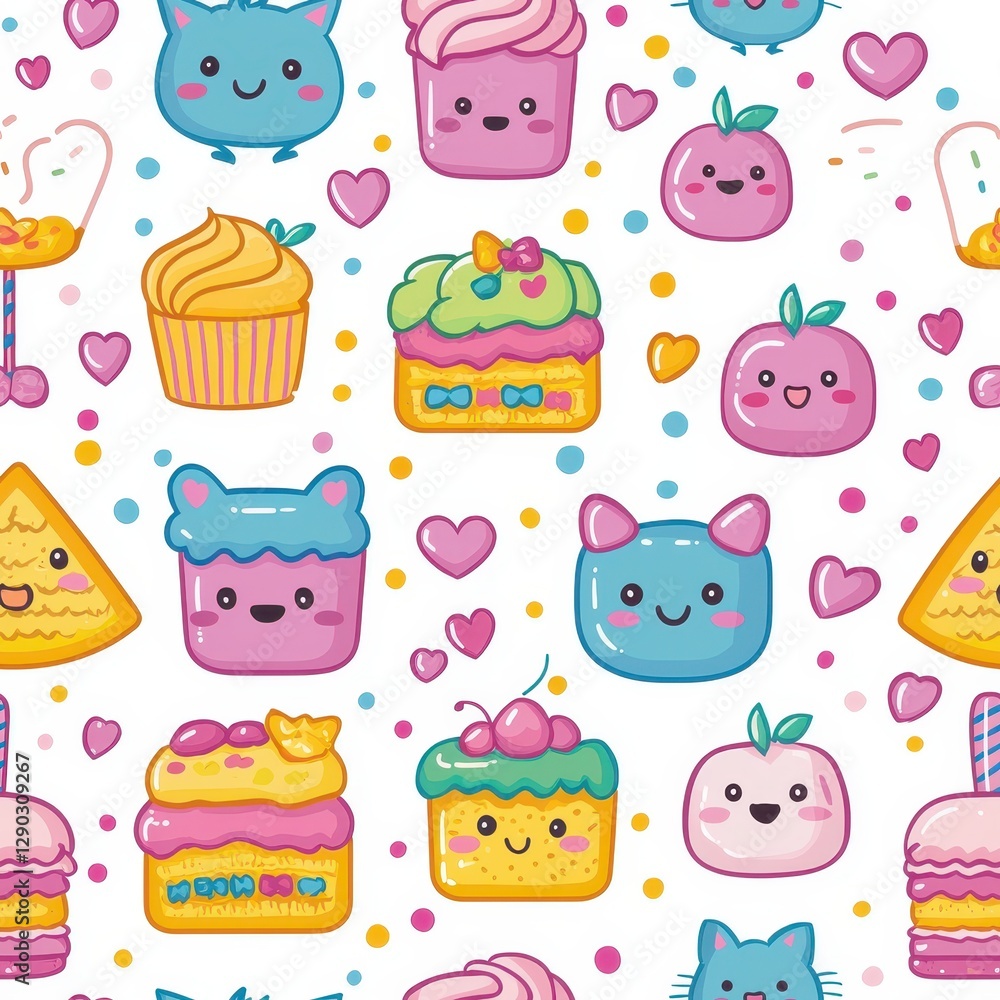 Poster playful pattern of cute cupcakes with colorful frosting and toppings creating a sweet and delightful