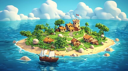 Idyllic Island Village A Cartoon Illustration.