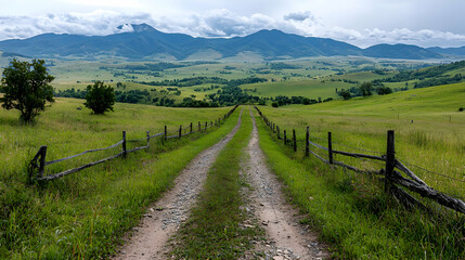 Country road leads to mountains, green fields. Landscapes use