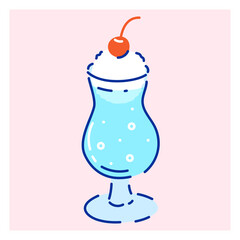 Glass of blue Cream soda trendy soft drink with cherry. Hand drawn vector illustration. Elements for poster, social media, banners, invitation. Cute kawaii style non alcohol floating cocktail.