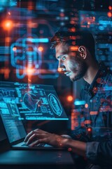 Businessman using laptop to access artificial intelligence, Ai, closeup shot