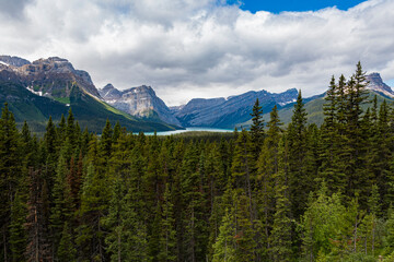 A breathtaking view showcases majestic mountains and a lush forest, emphasizing the beauty of nature, inviting exploration and adventure in a peaceful setting.