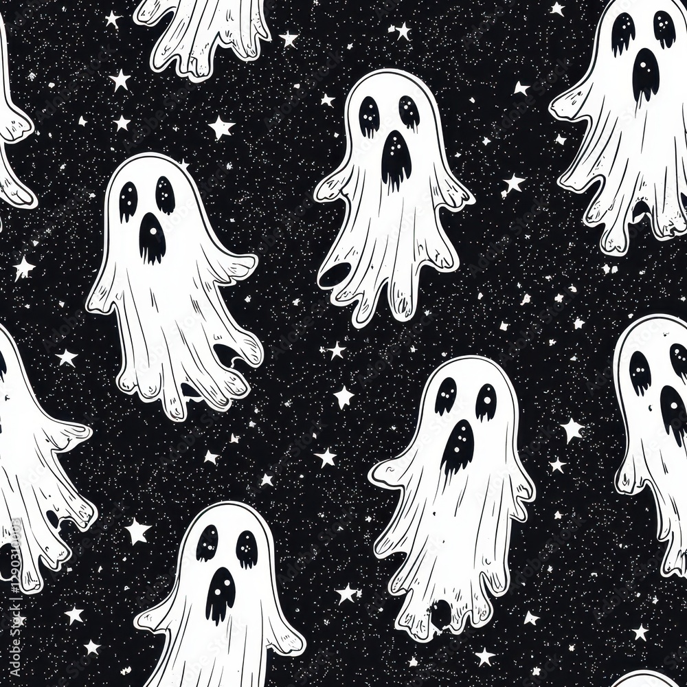 Poster intricate black and white ghost pattern featuring eerie specters and spirited designs creating a hau
